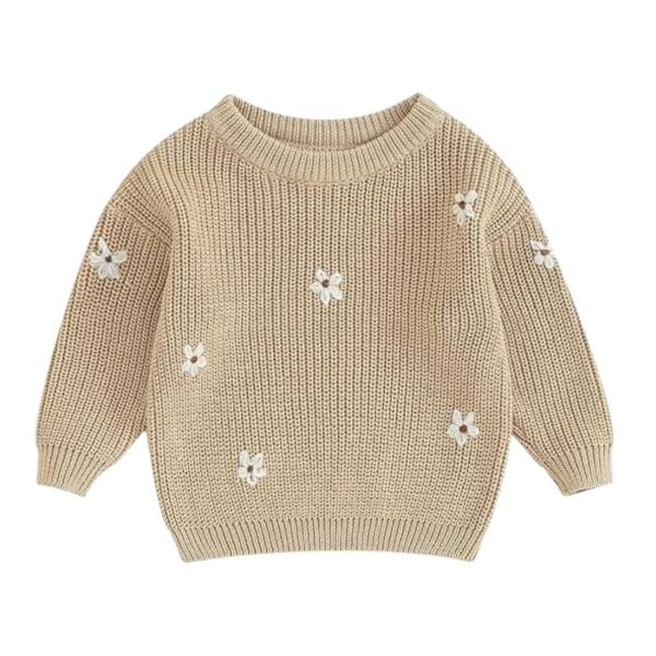 Magly Beige Floral Embroidered Sweater For Kids
