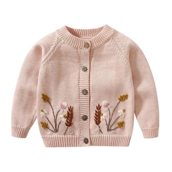Magly Pink Floral Embroidered Woolen Sweater For Kids